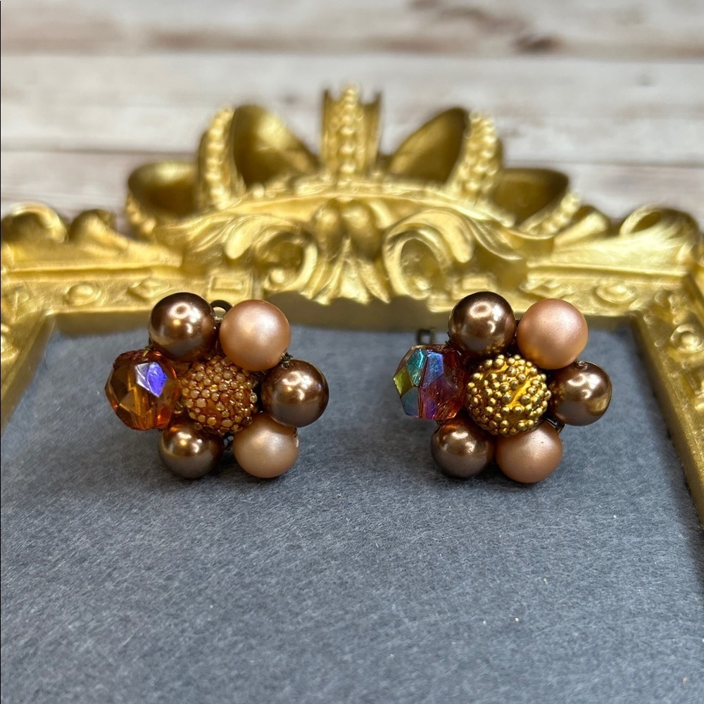 Vintage Japan Brown and Gold Clip On Earrings